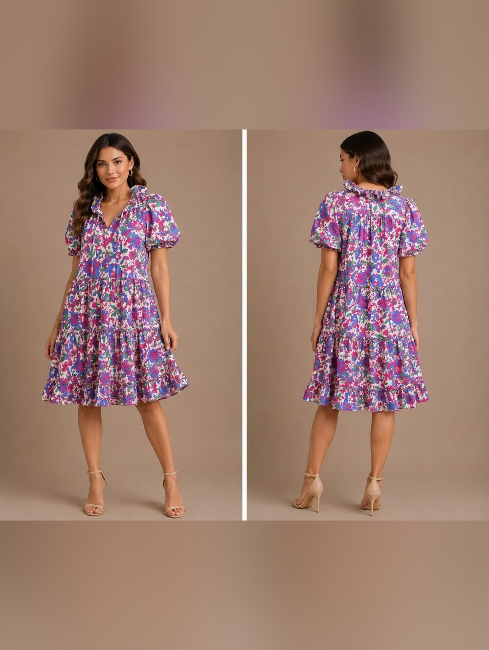 Floral Puff-Sleeve Tiered Dress in Purple & Pink #B32